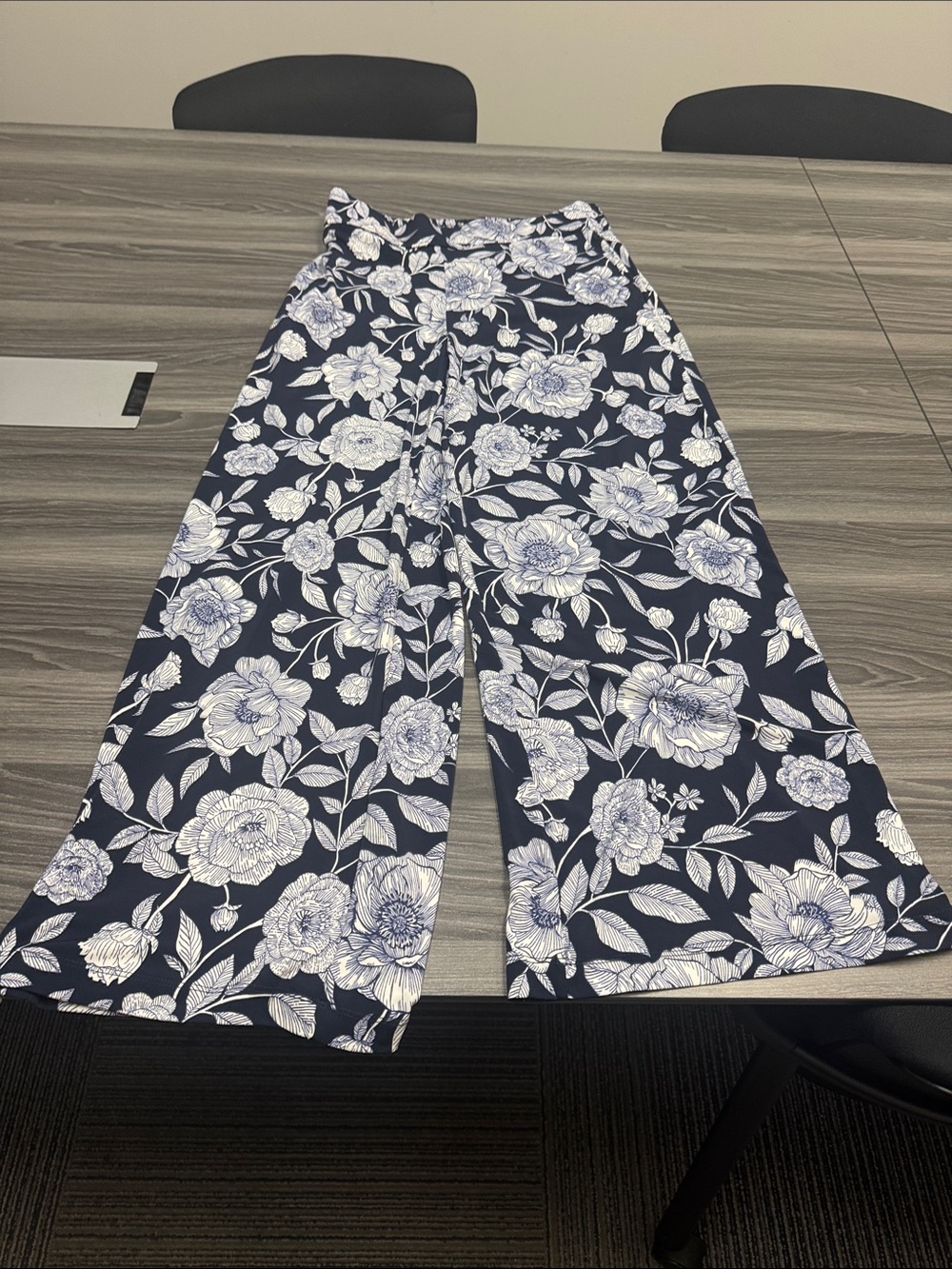 Navy & White Floral Wide-Leg Pants